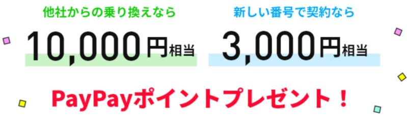 PayPayポイントあげちゃうキャンペーンの特典は「新規契約」で3,000PayPay&「乗り換え(MNP)」で10,000PayPayと異なる