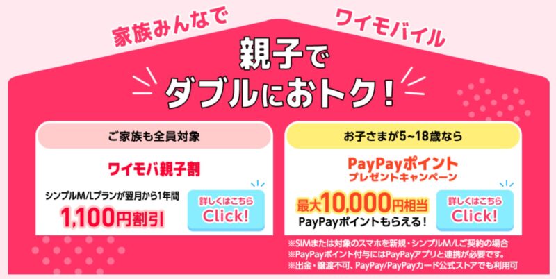 ワイモバイルオンラインストアの「親子でダブルにおトク」キャンペーン公式バナー