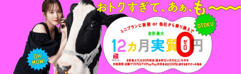 ミニプランの基本料金が最大12か月分が実質無料で使える「おトクすぎて、あぁ、も～」キャンペーン_公式バナー