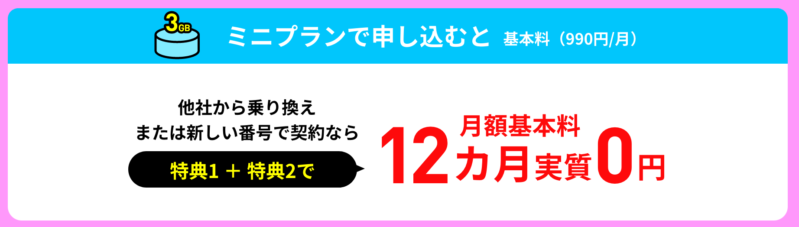 ミニプランの基本料金が最大12か月実質無料になるキャンペーンの詳細