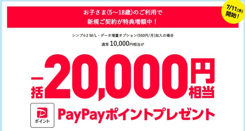ワイモバイルの18歳以下のSIM申込特典が2024年7月11日から最大20,000円分のPayPayに増額